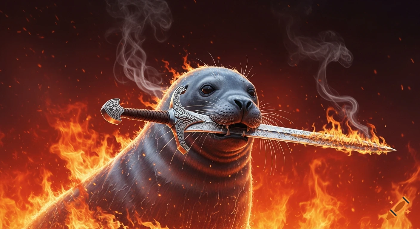 A realistic gray seal fiercely holds an ornate silver sword in its mouth, surrounded by intense orange flames and smoke.