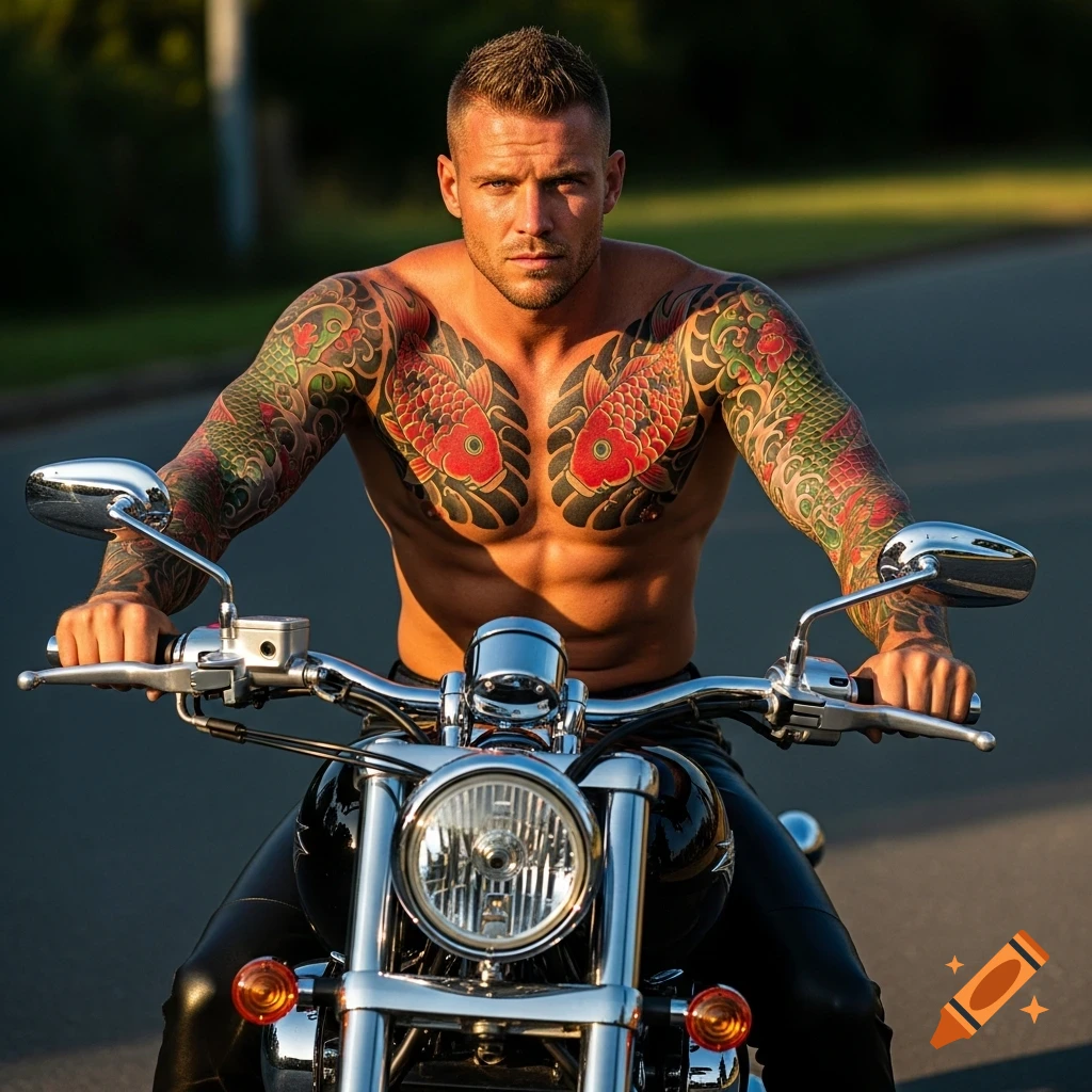 A shirtless, muscular man with full-sleeve koi tattoos and black leather pants sits on a chrome motorcycle, looking directly forward.