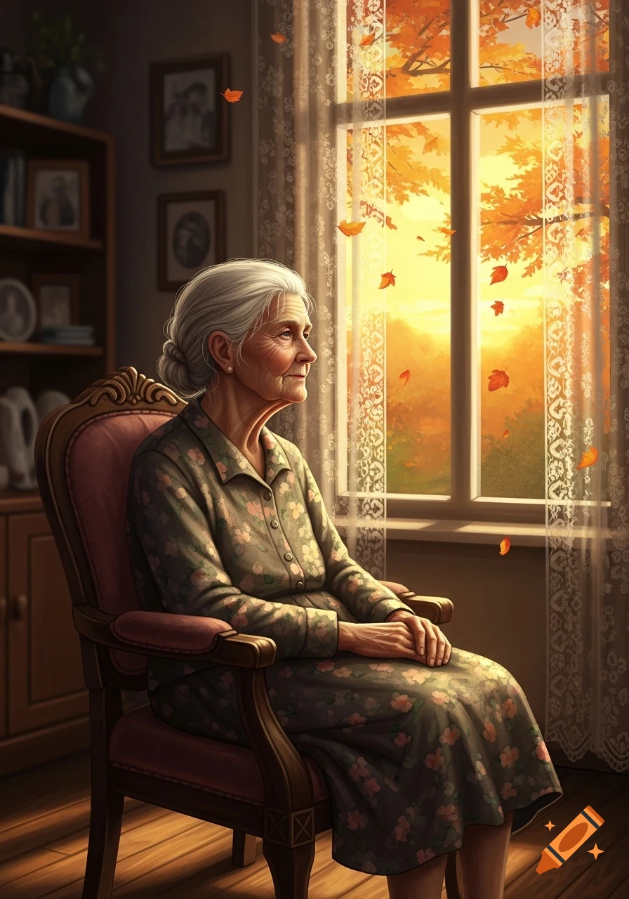 Elderly woman with gray hair sits in an armchair, looking out a window with warm autumn leaves falling outside.