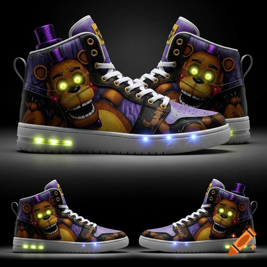 Two pairs of custom purple and brown high-top sneakers featuring Fredbear from Five Nights at Freddy's with glowing eyes and light-up soles.