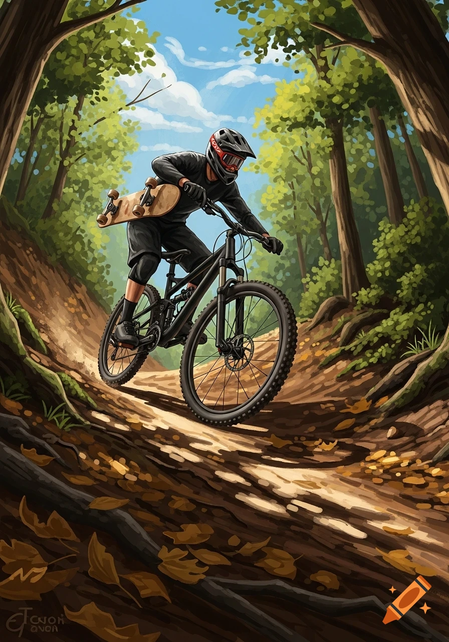 A digitally illustrated person in a helmet and dark gear mountain biking down a forest trail while holding a skateboard.