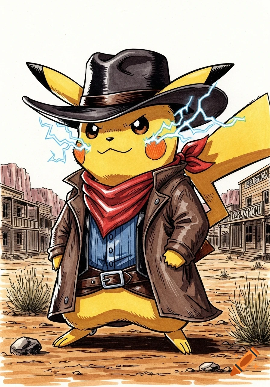 A hand-drawn illustration of Pikachu dressed as a western gunslinger, with a cowboy hat, red bandana, and brown coat, sparking blue electricity from its cheeks in a wild west town.