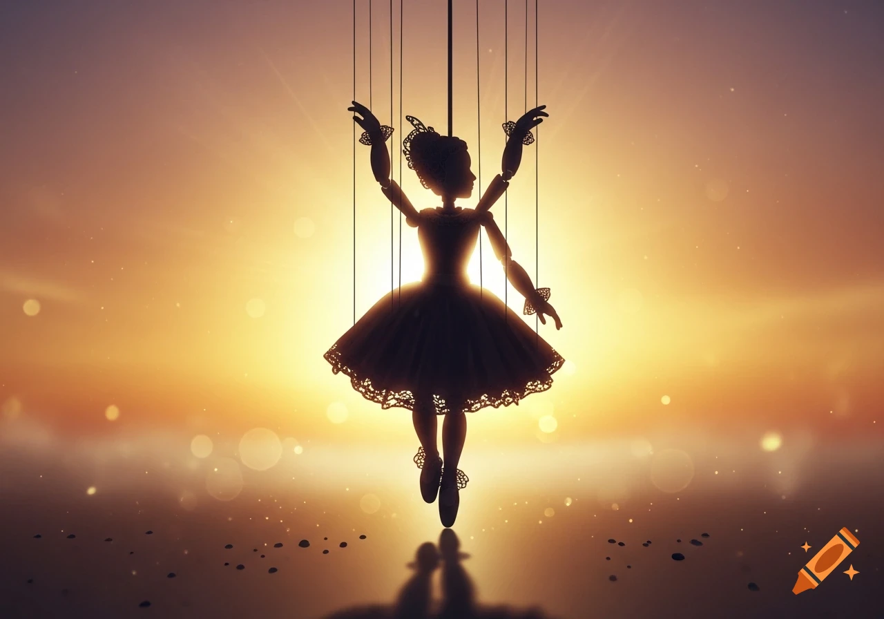 Silhouette of a ballet puppet dancer against a vibrant orange and yellow sunset with bokeh lights.