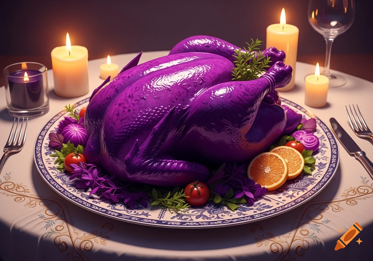 A bright purple roasted turkey on a patterned plate with garnishes, oranges, and candles on a festive dinner table.