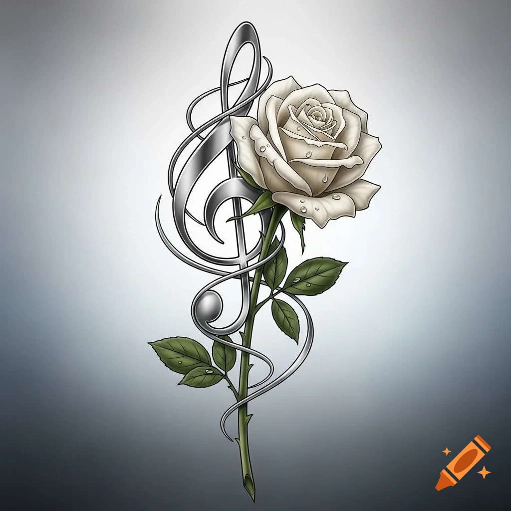 Detailed tattoo design of a white rose and a silver treble clef with water droplets.