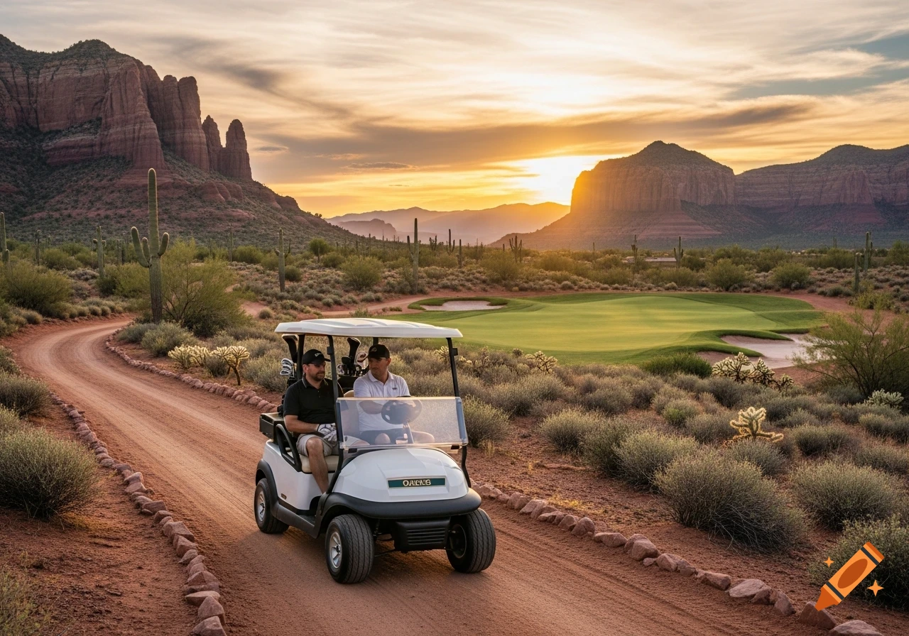 Two golfers ride a golf cart on a dirt path through a saguaro cactus desert at sunset, with red rock mountains in the background.