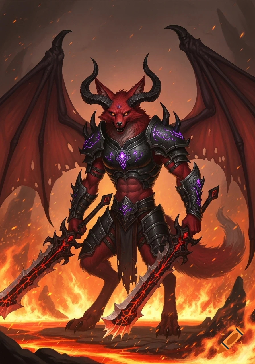 Red bipedal werefox-demon with horns, bat wings, and armor, dual-wielding swords in a fiery hellscape.