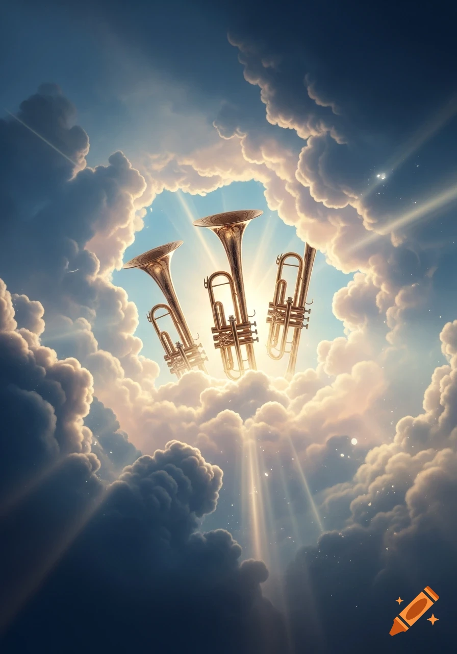 Three golden trumpets emerge from a bright opening in thick, dark clouds, with rays of light shining through the sky.