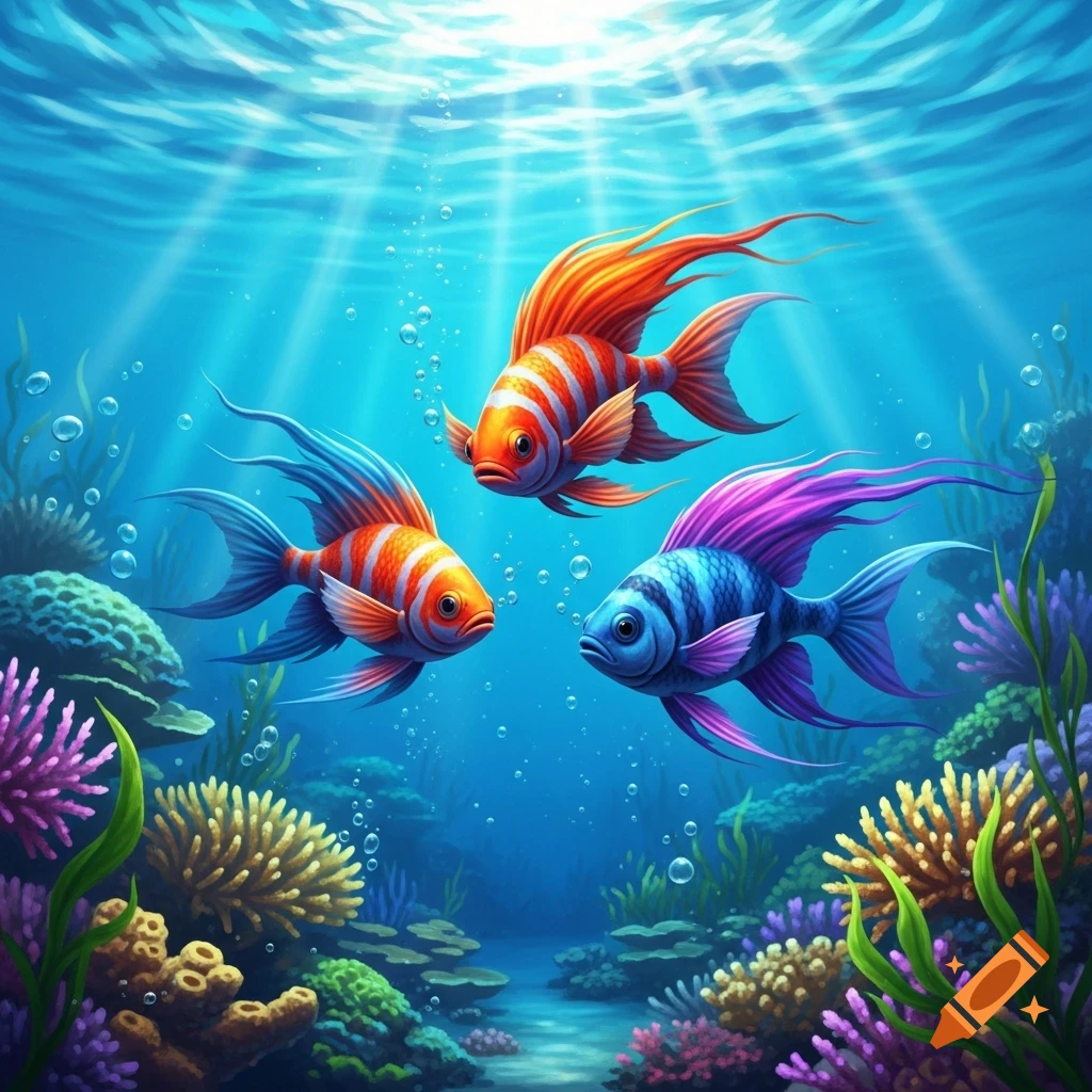 Three colorful, ornate fish with long fins swim in a vibrant coral reef under clear blue water with sun rays.