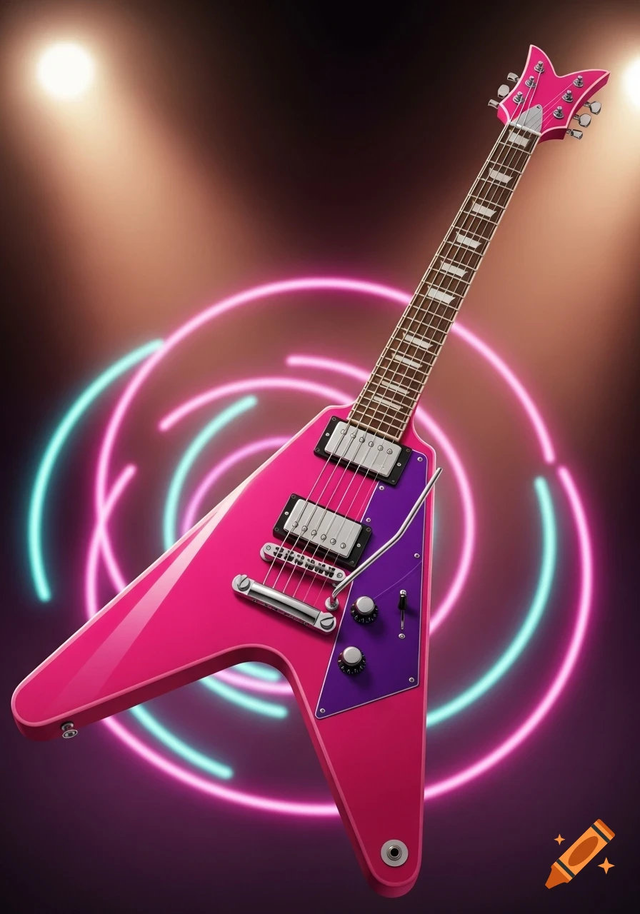 A hot pink Flying V electric guitar with a purple pickguard, set against a dark background with spotlights and neon swirl lights.