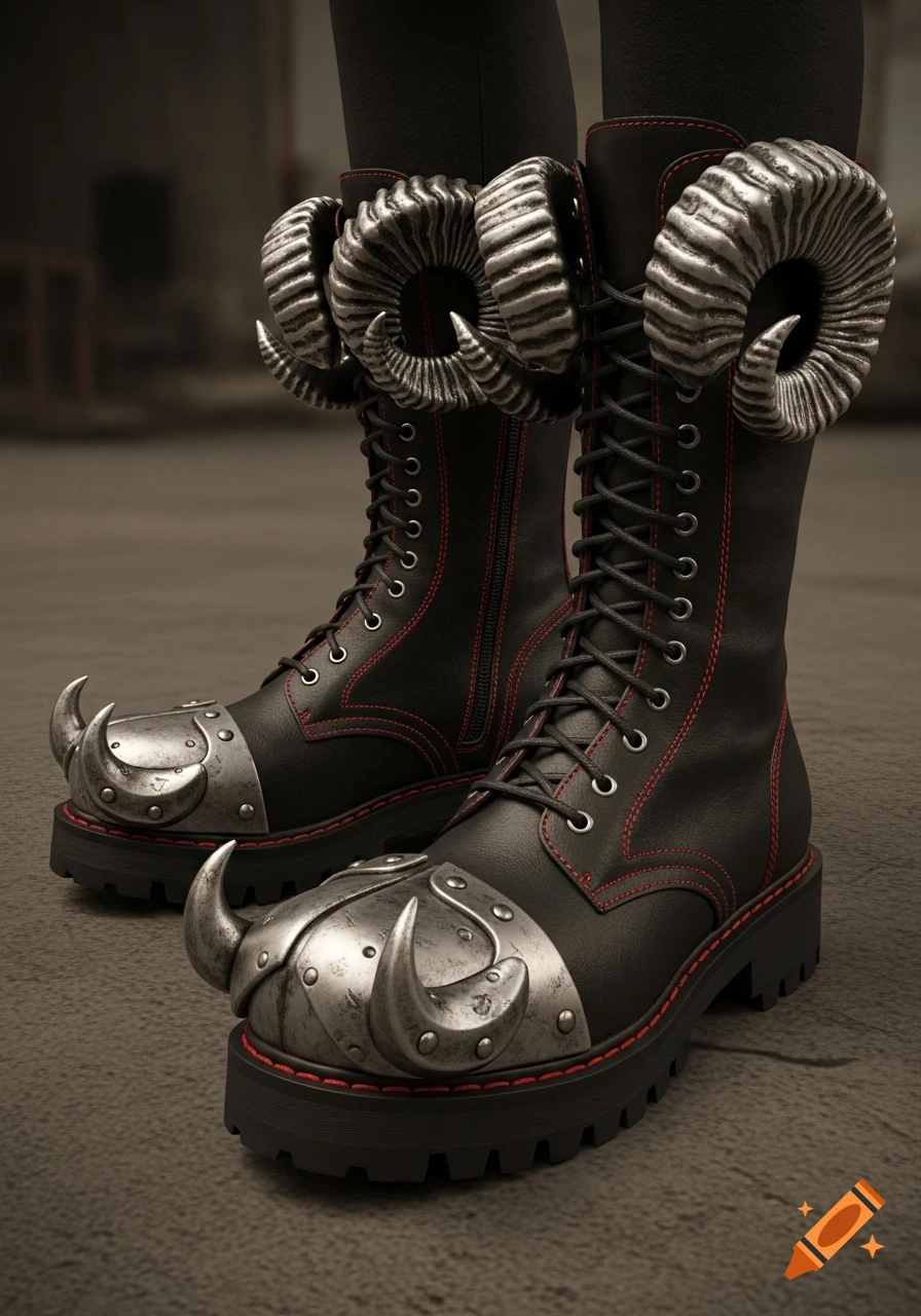 Photorealistic pair of matte black leather combat boots with red stitching, silver ram-horn toe caps, and horn cuffs on a concrete floor.