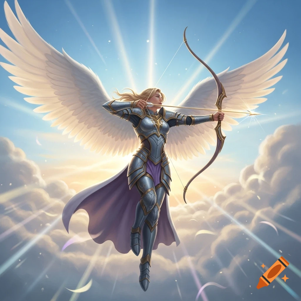 An angelic warrior with large white wings in silver armor draws a bow and arrow, floating in a radiant, cloudy sky.
