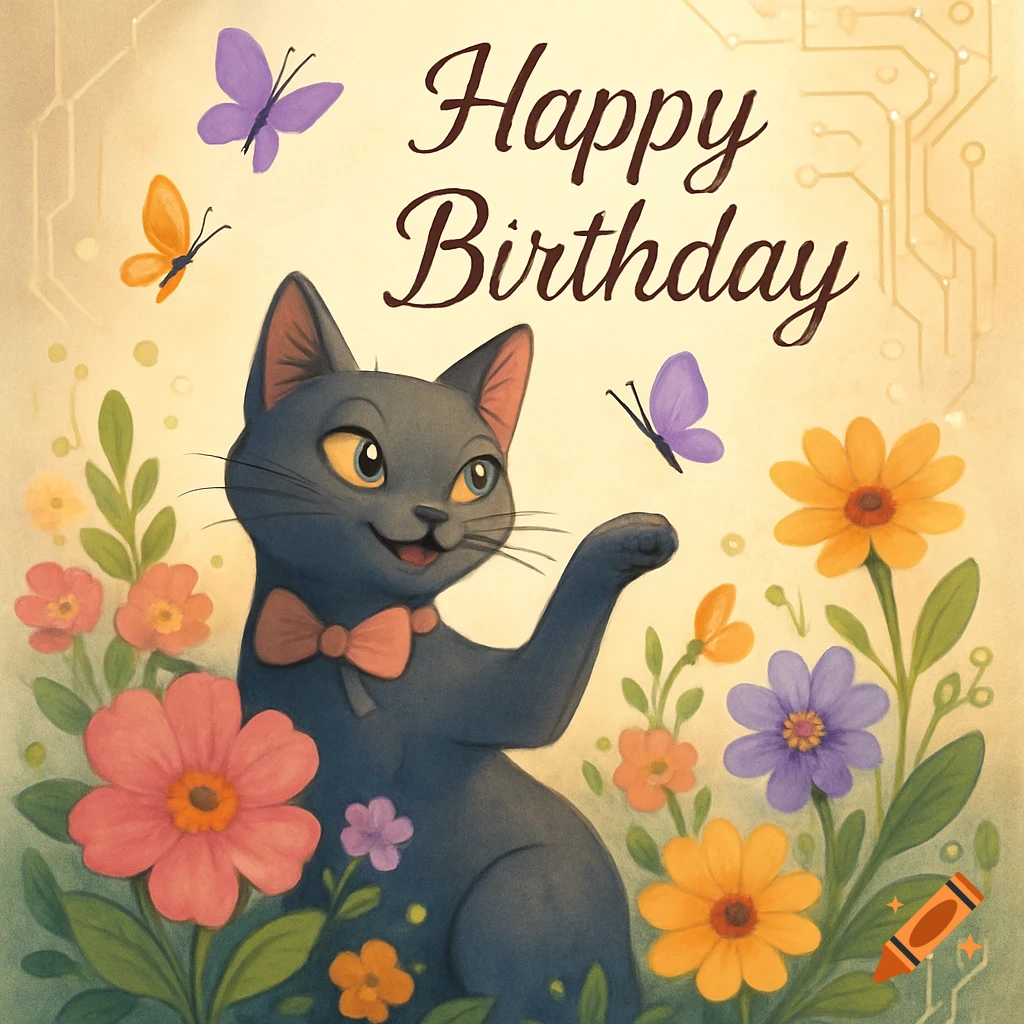A cartoon black cat with a pink bow tie sits among colorful flowers and butterflies, with 'Happy Birthday' text above, on a beige background with subtle circuit patterns.