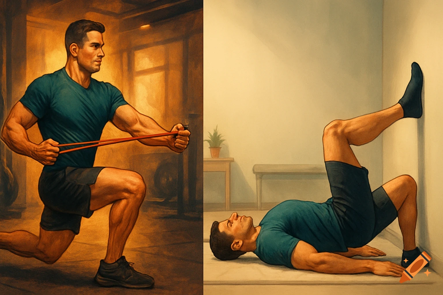 Two men demonstrate exercises: one in a lunge with a resistance band, the other performing a single-leg hip bridge against a wall.