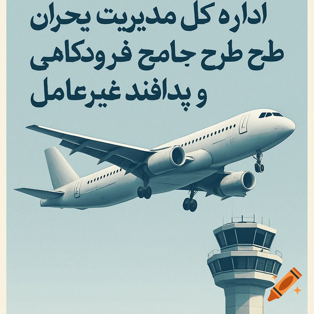 A white passenger airplane flying past an air traffic control tower with Persian text at the top.
