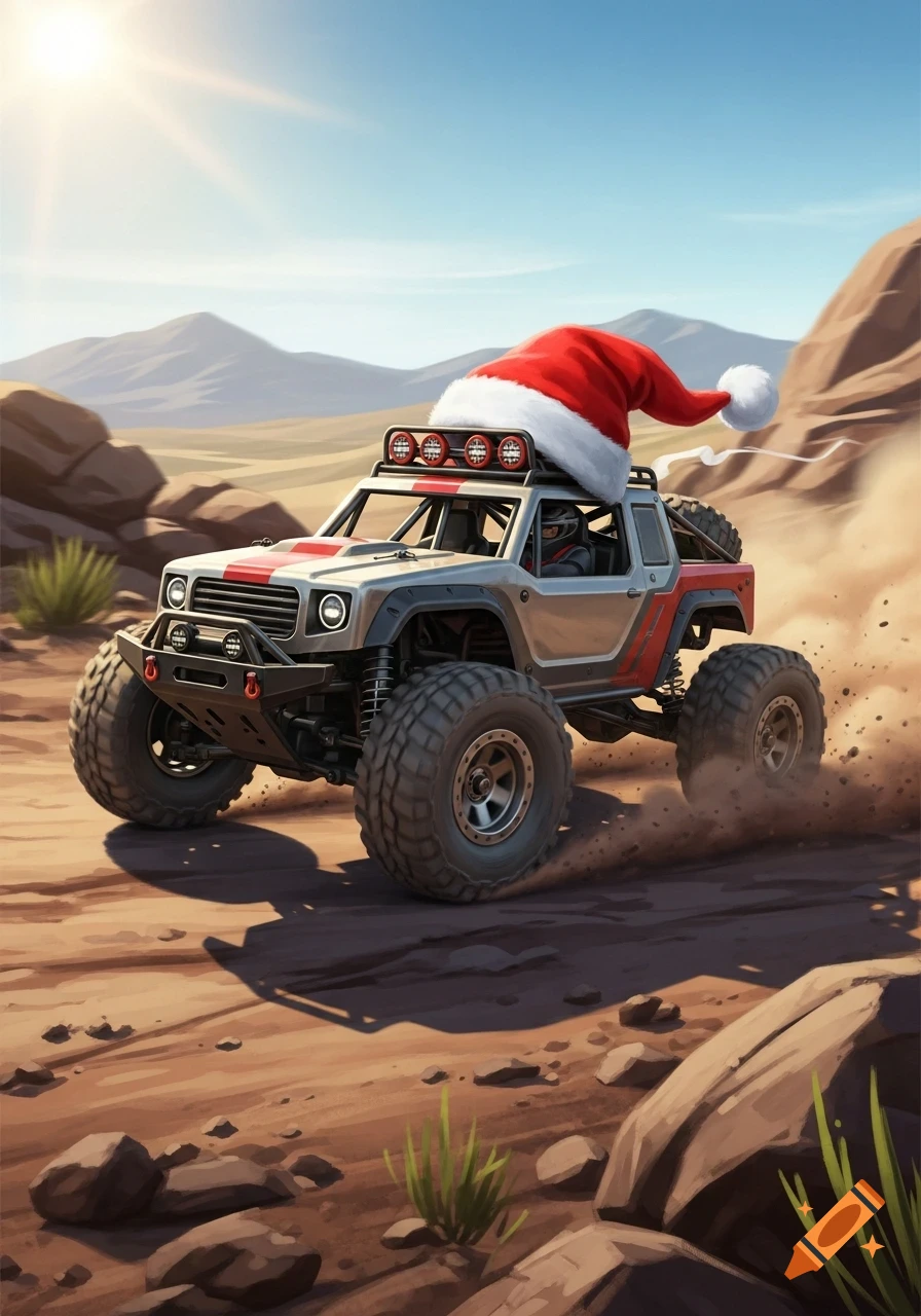 An offroad vehicle with a Santa hat drives through a dusty desert landscape under a bright sun.