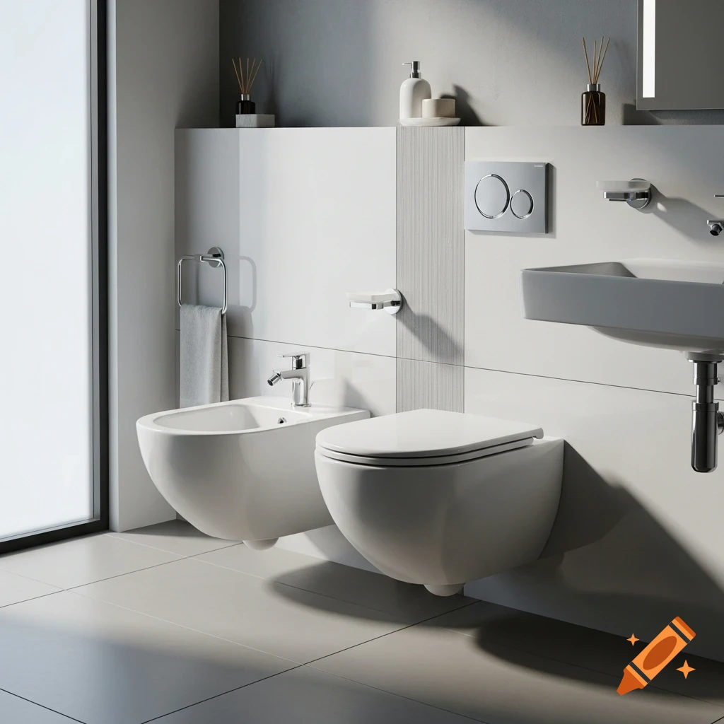 A bright, modern bathroom with white wall-mounted toilet, bidet, and sink, featuring a minimalist design.