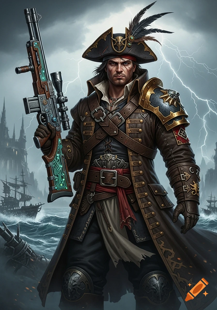 A stern man in ornate Warhammer 40k pirate attire, holding a futuristic rifle, on a stormy sea with gothic architecture.