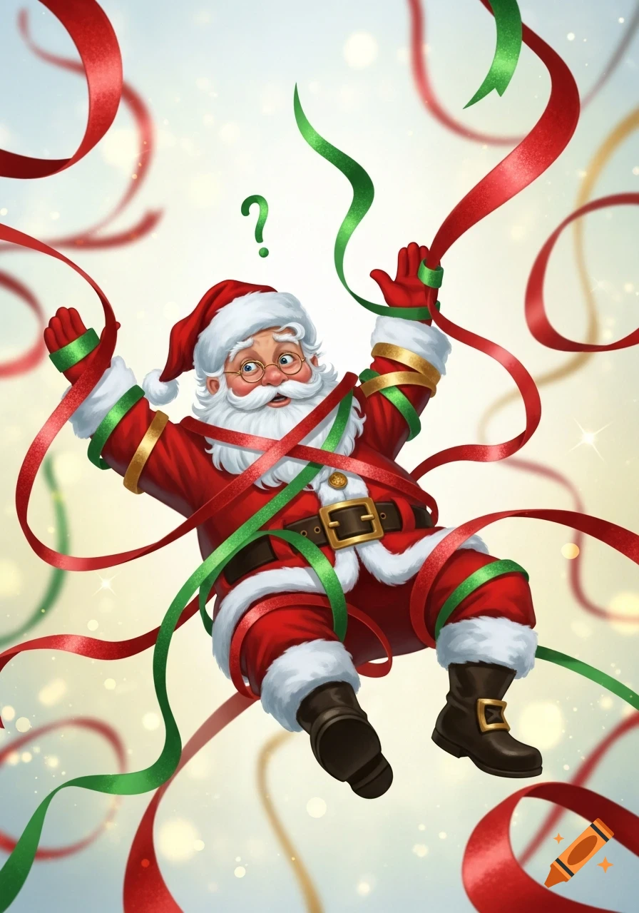 Cartoon Santa Claus is tangled in a swirl of red and green ribbons, looking confused with a green question mark above his head.