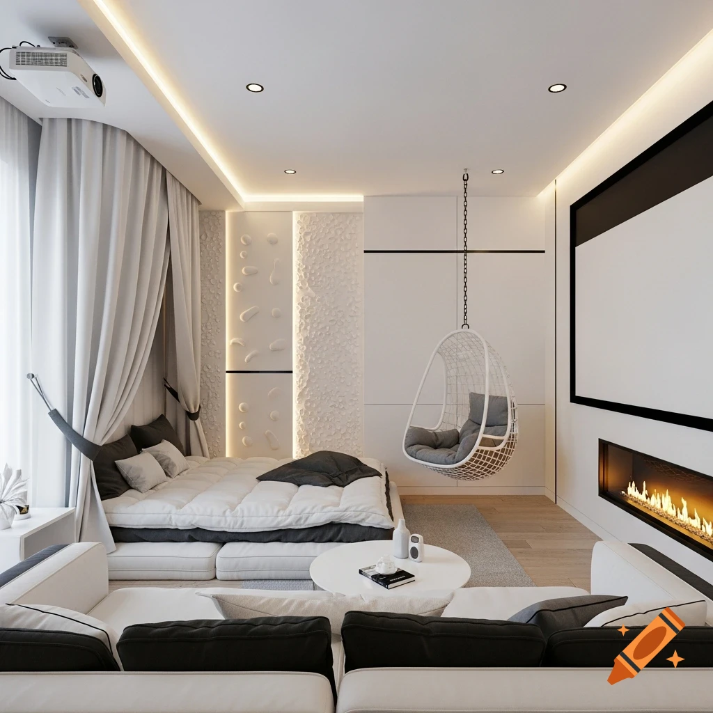 Modern white living room with a large mattress cuddle nook, hanging chair, projector screen, and linear fireplace. Black and grey accents.