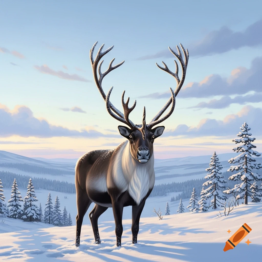 A reindeer with large antlers stands in a snowy winter landscape with pine trees.