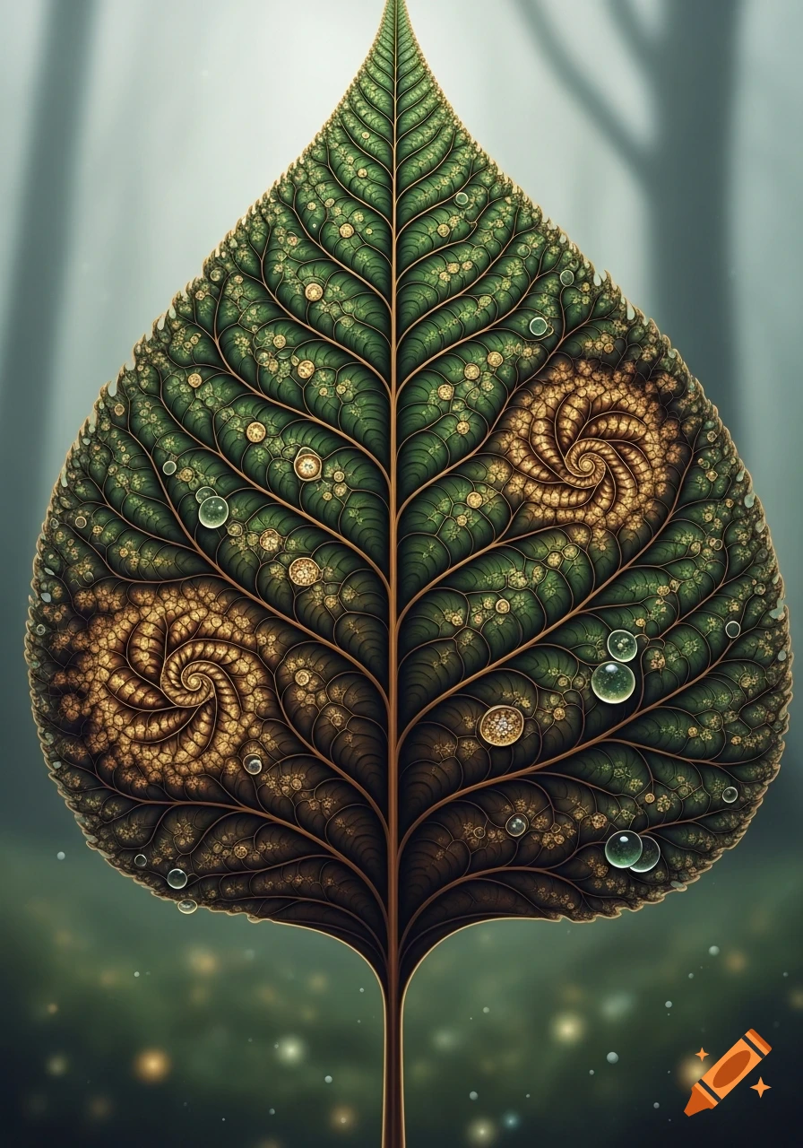 A detailed green fractal leaf with intricate golden patterns and water droplets, set against a misty forest background.