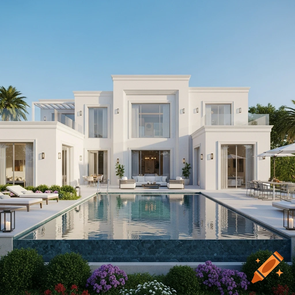 Luxurious white multi-story house with a large swimming pool, surrounded by greenery and flowers, under a clear blue sky.