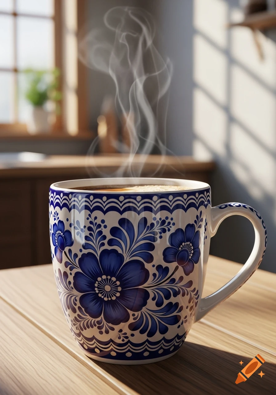 A steaming mug of coffee with blue and white floral patterns sits on a wooden table in a sunlit kitchen.
