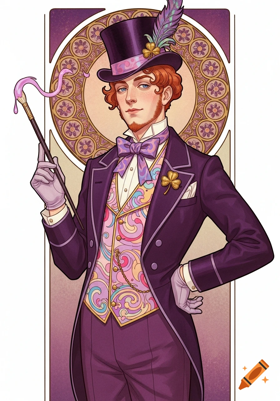 Art Nouveau illustration of a dapper man with red hair, in a purple suit, colorful waistcoat, and top hat, holding a paint brush.