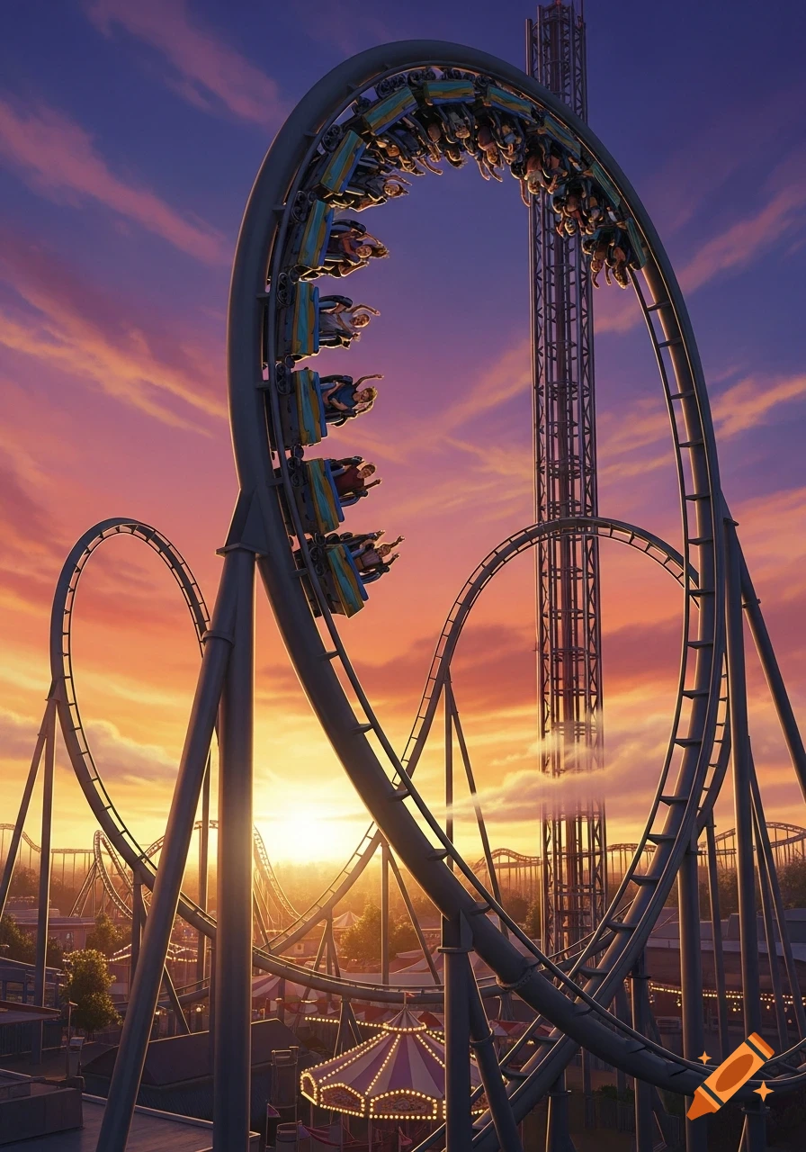 A large grey rollercoaster with multiple loops, full of riders, against a vibrant orange and purple sunset sky, overlooking an amusement park.