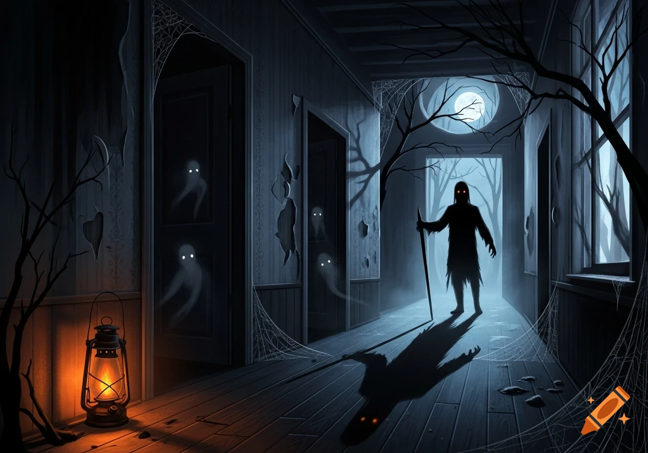 A monstrous figure with glowing red eyes stands in a dark, cobweb-filled haunted hallway, with ghosts in doorways and a lantern.