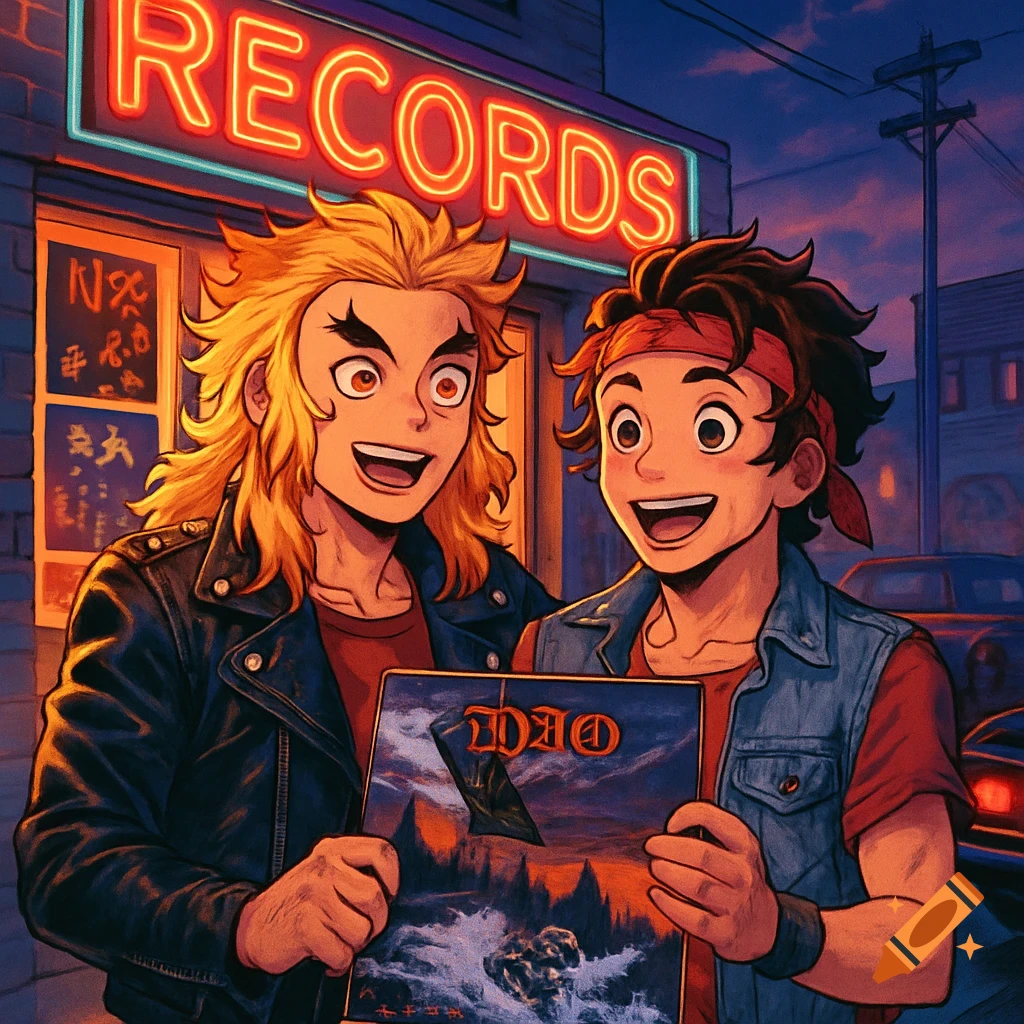 Two anime-style boys, one with spiky blonde hair and a leather jacket, the other with brown hair and a red headband, smile while holding a 'DIO' record album in front of a neon 'RECORDS' sign at dusk. Styled like the 80s.