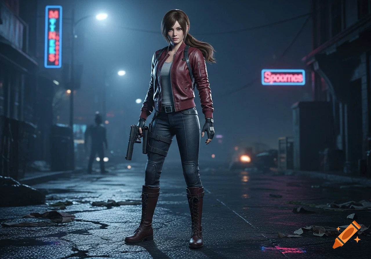 A female video game character in a red leather jacket and dark pants holds a handgun, standing on a wet street at night with neon signs in the background.