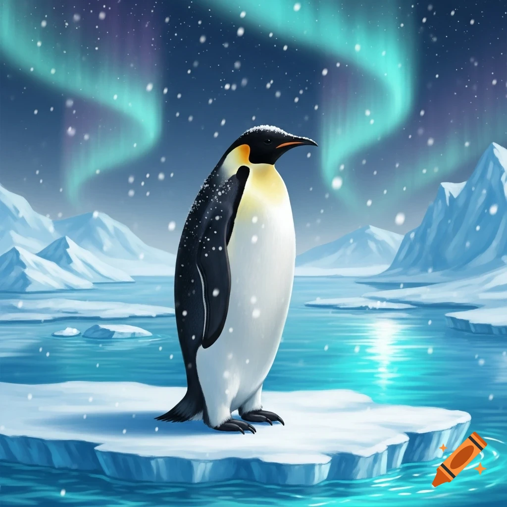 An emperor penguin stands on an ice floe amidst falling snow, with glowing aurora borealis in the night sky over icy waters and mountains.