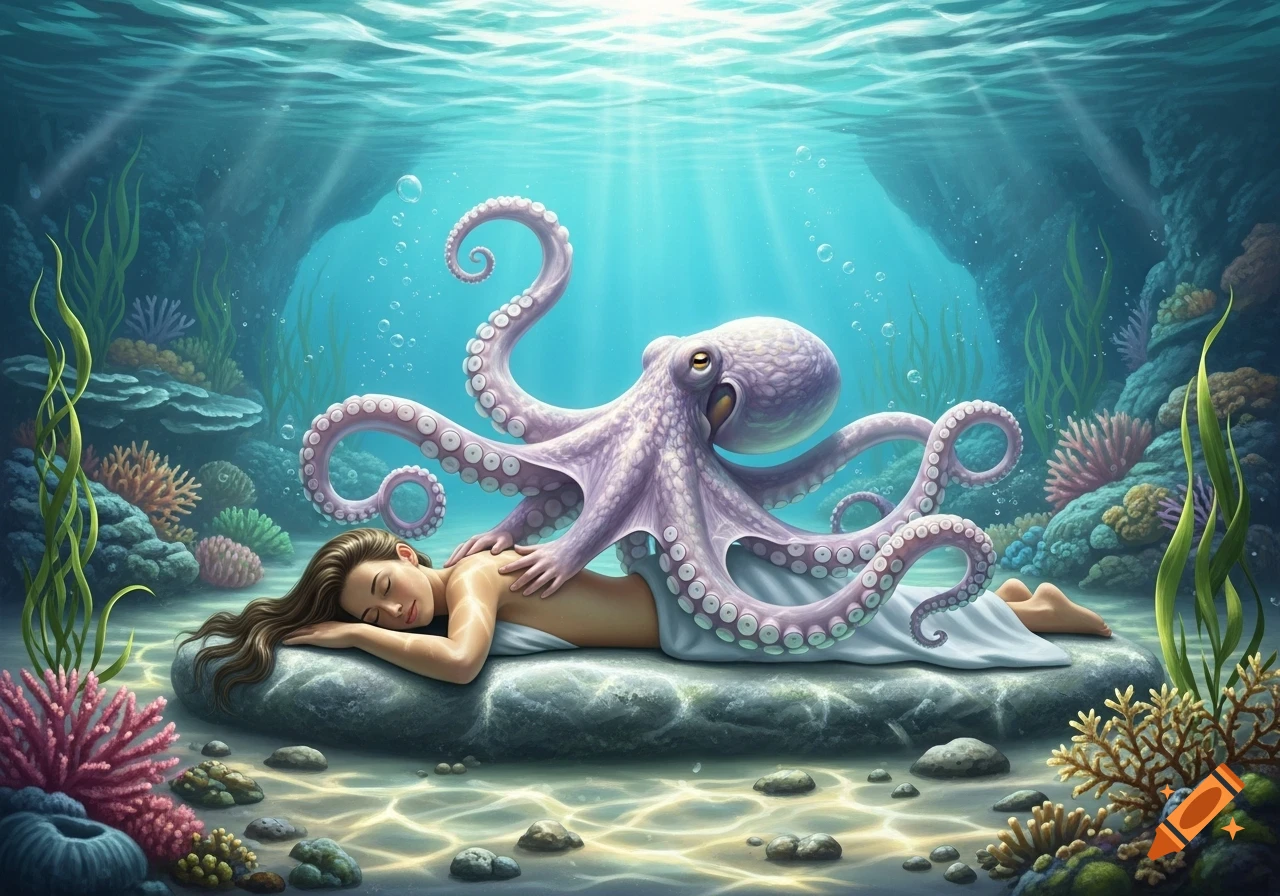 A vibrant illustration of a woman receiving a back massage from a large purple octopus underwater, surrounded by colorful coral.