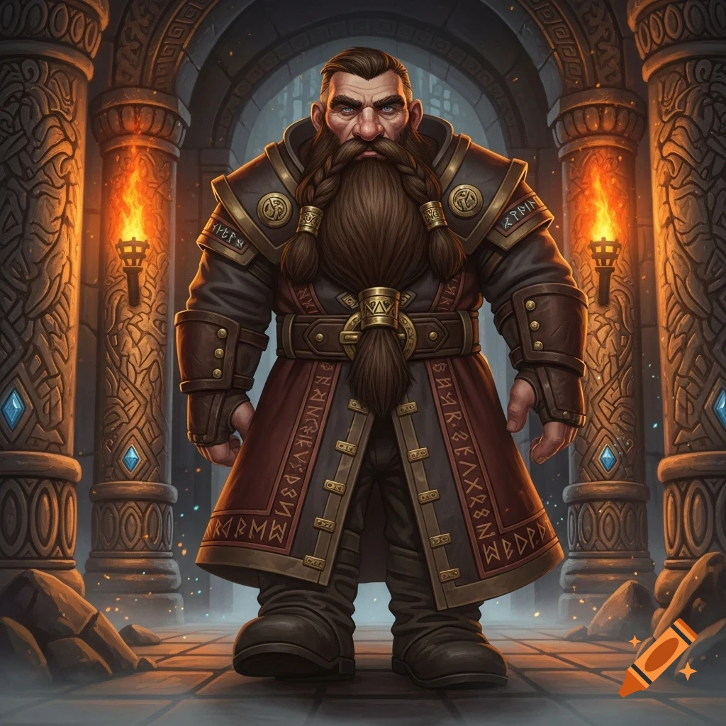 A broad-shouldered dwarf with a long brown braided beard and a long brown and red coat stands in a torchlit stone hall with runic pillars.