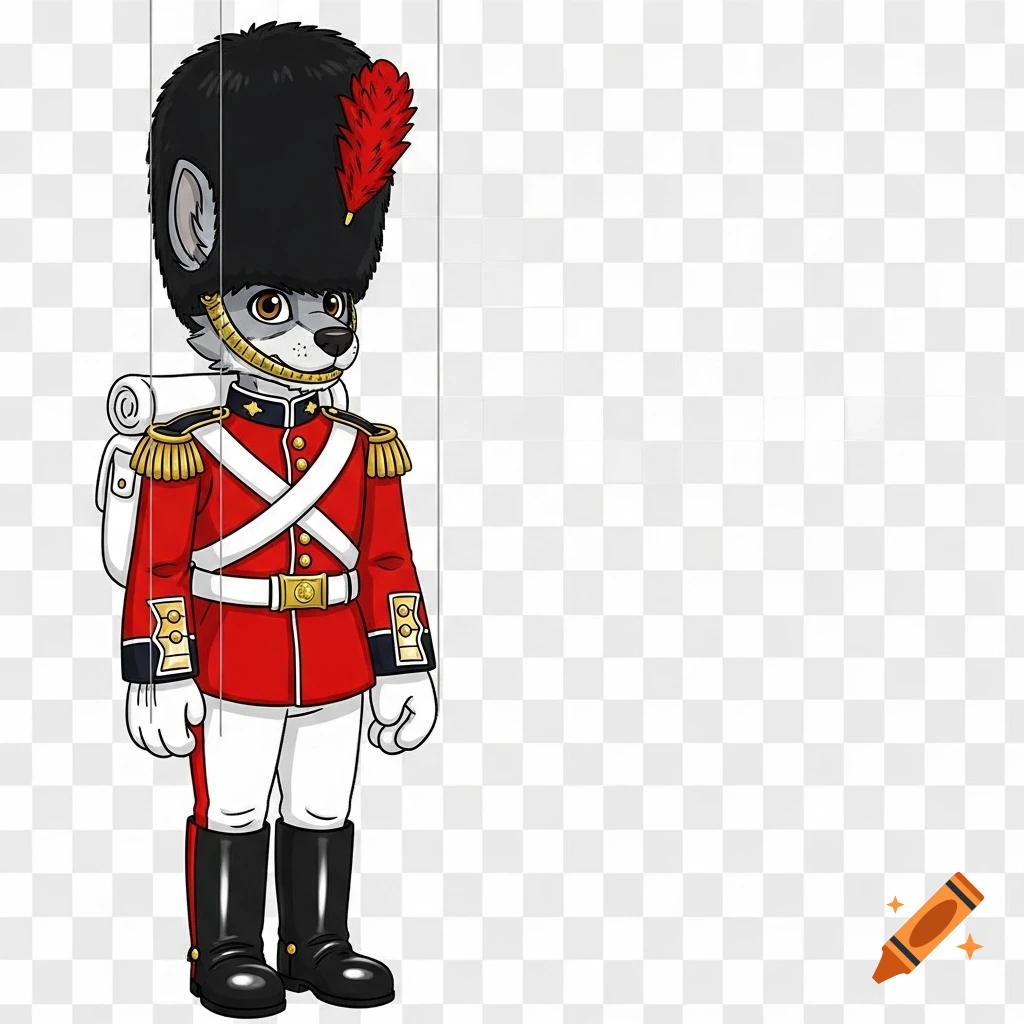 A cartoon-style silver dog dressed as a British guard in a red uniform stands like a marionette puppet on a transparent background.