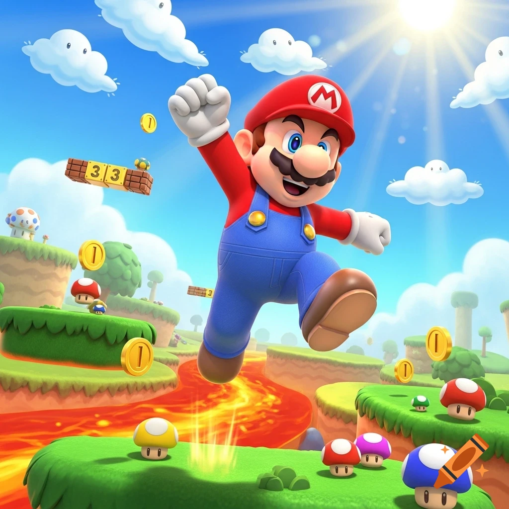 Mario jumps in a vibrant, cartoonish Super Mario Bros. landscape with coins, mushrooms, and lava under a bright sky.