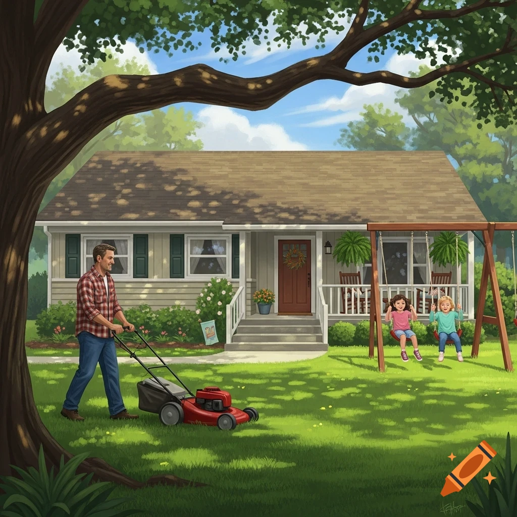An illustration of a man mowing a suburban lawn with two girls on a swing set in front of a house.