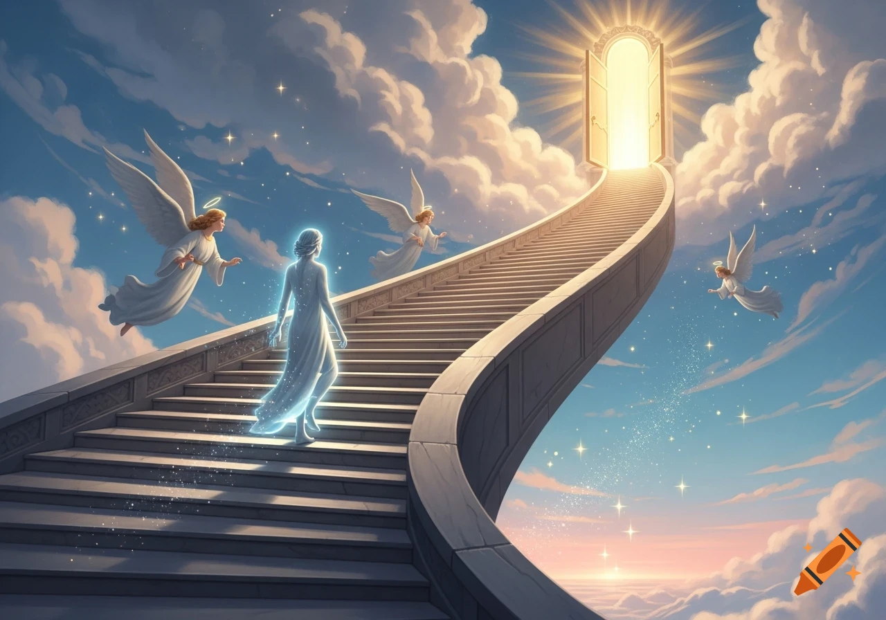 A glowing soul walks up a grand stairway to heaven, surrounded by flying angels in a serene, cloud-filled sky.