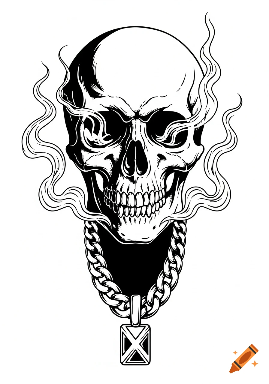 A black and white gothic skull illustration with smoke rising from its head and a rapper chain around its neck.