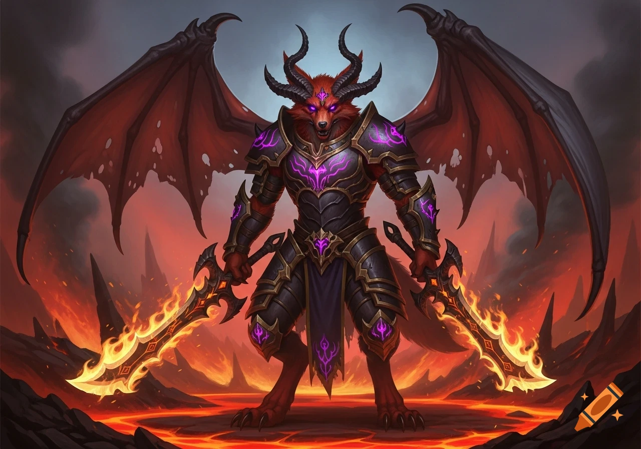 A red bipedal demon with bat wings and horns, wearing dark armor with purple accents, dual-wielding flaming swords in a hellish landscape.