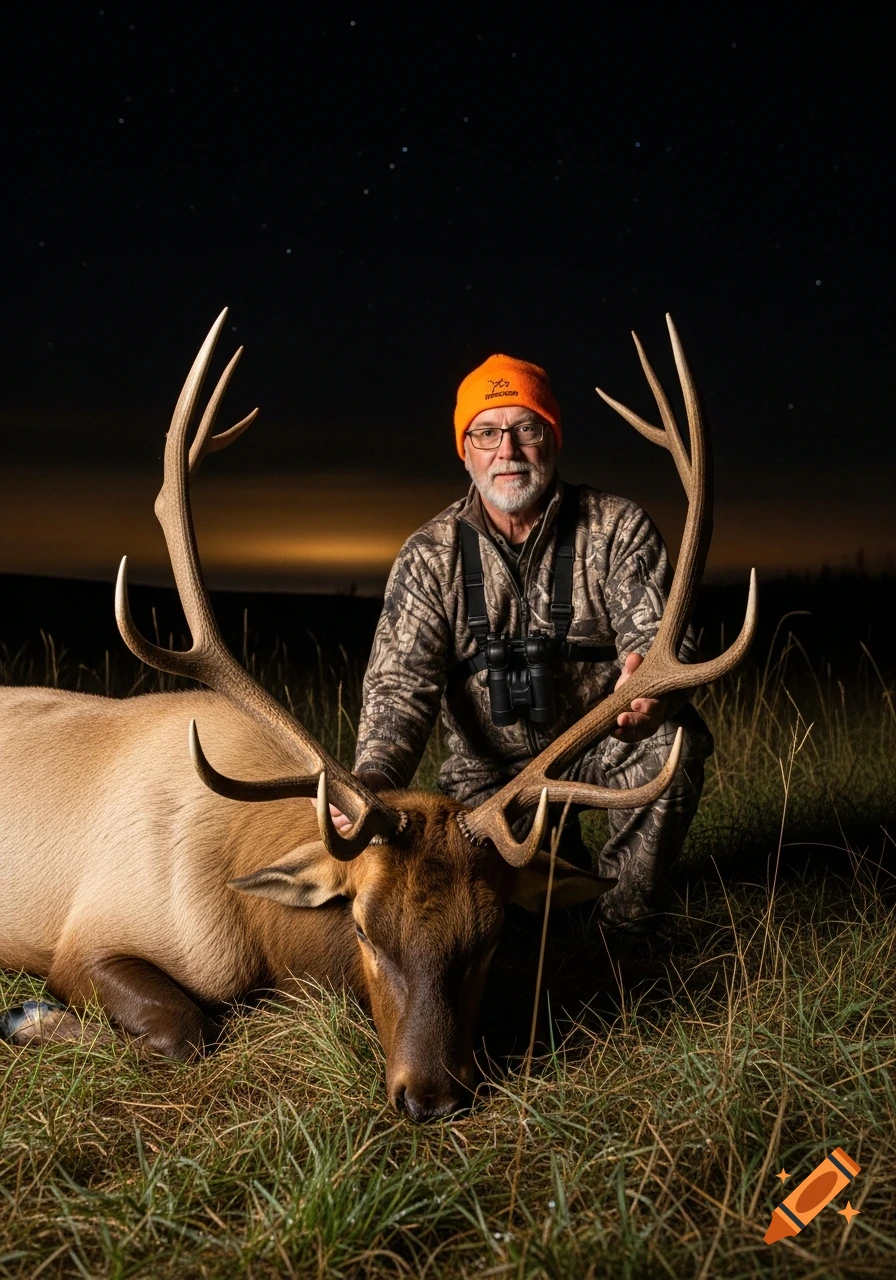 Photorealistic image of an older male hunter in camouflage kneeling behind a large bull elk, holding its antler, under a starry night sky.