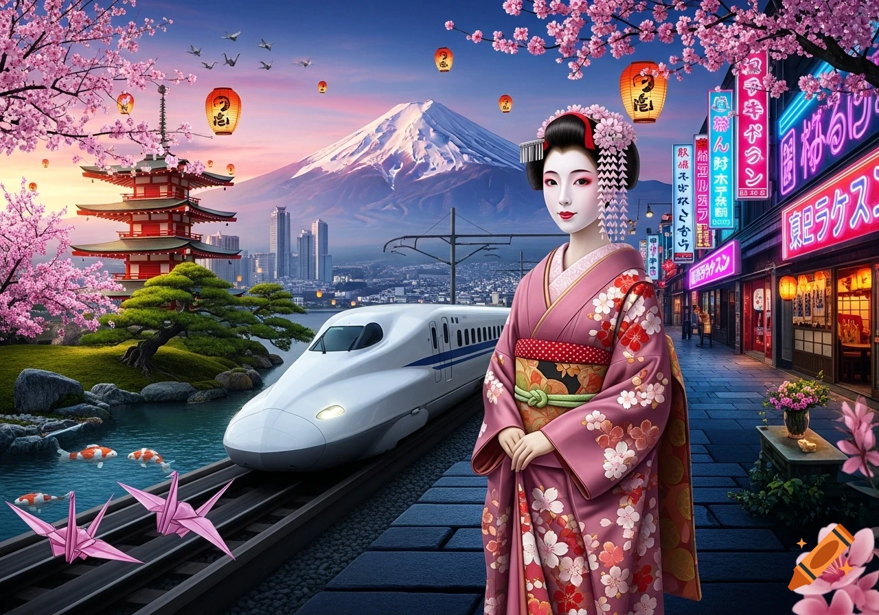 A geisha in a pink kimono stands before a vibrant Japanese landscape with cherry blossoms, Mount Fuji, a pagoda, a bullet train, and a neon-lit street.