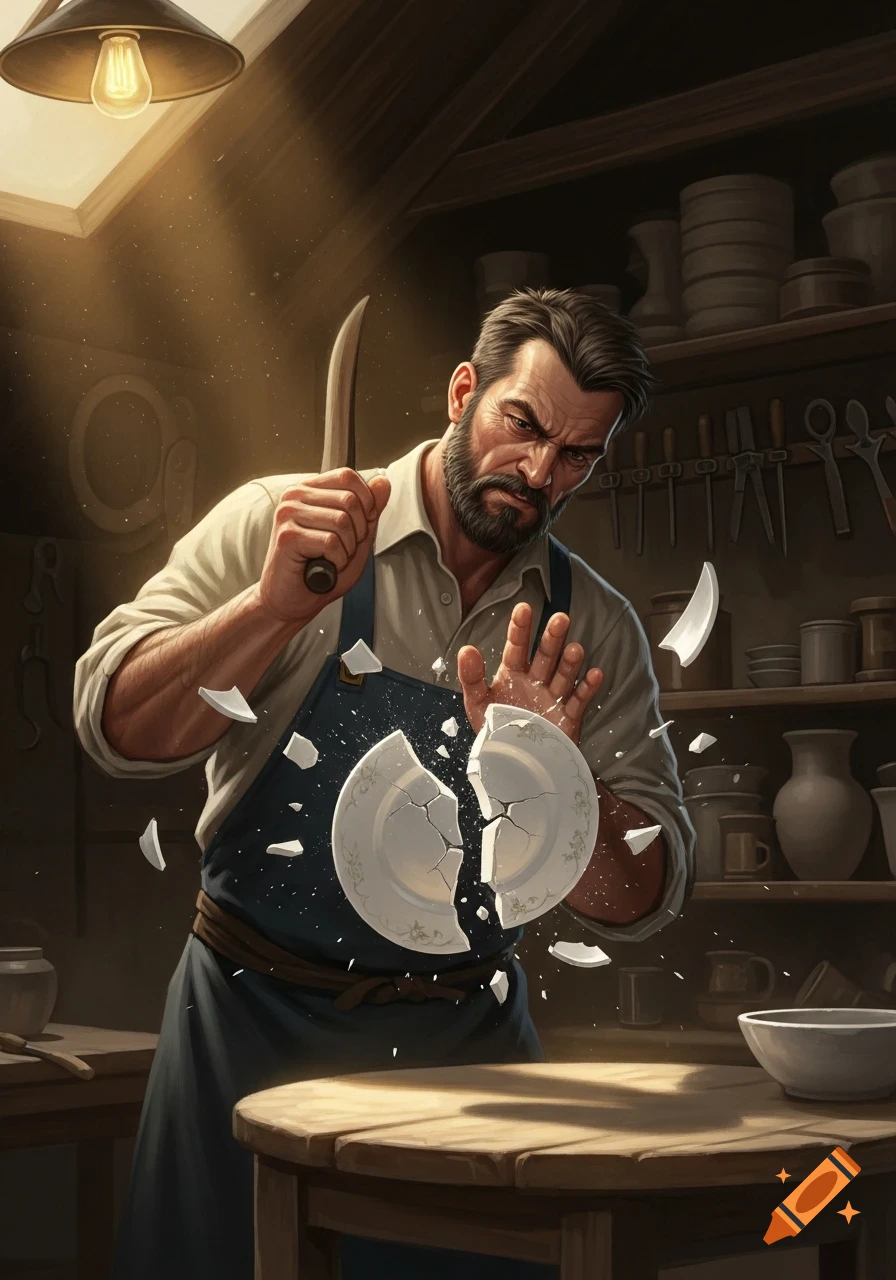 A man in an apron with a knife angrily shatters a ceramic plate in a pottery workshop, shards flying around his hands.
