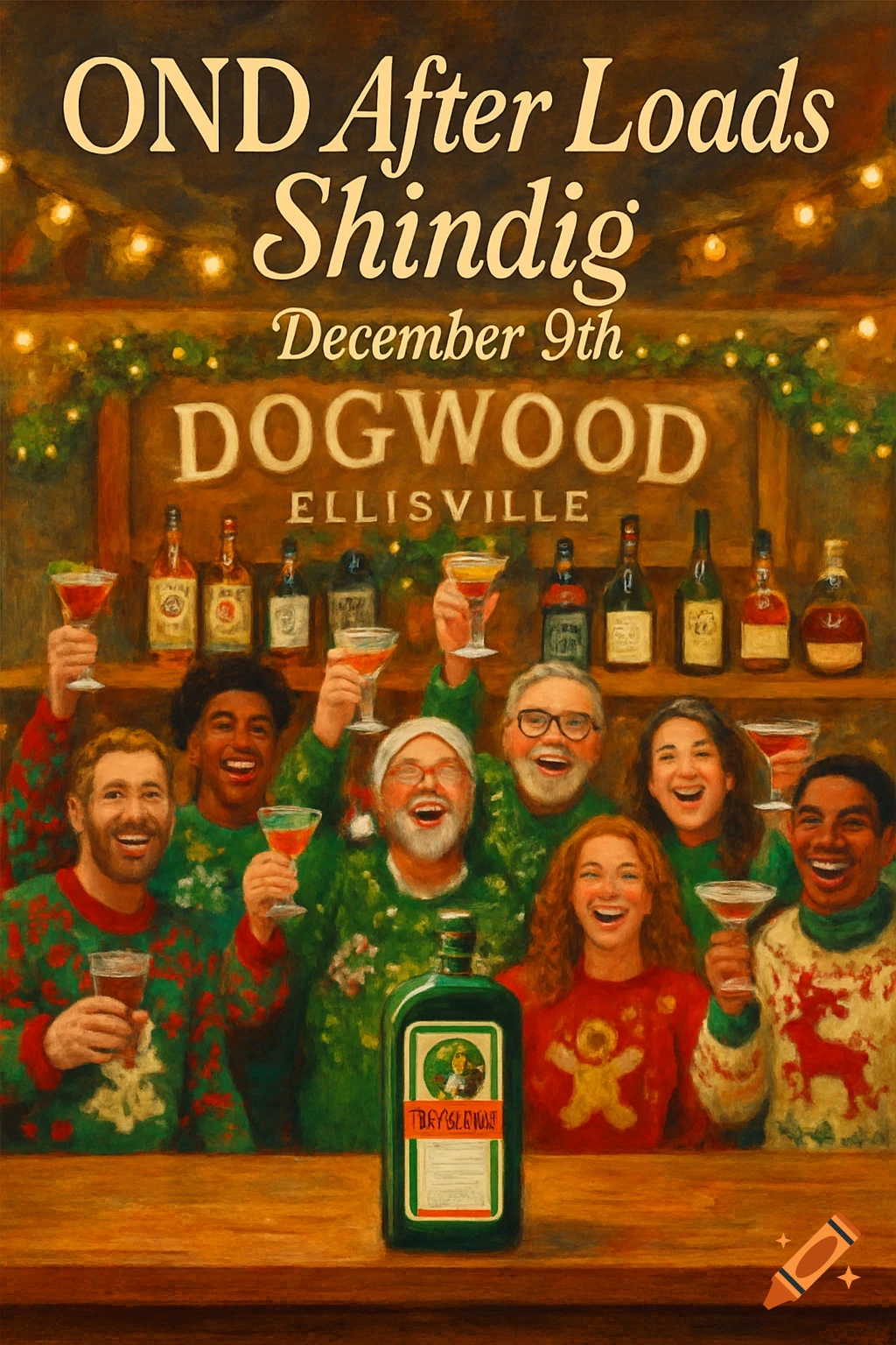 An oil painting of a diverse group of people in festive Christmas sweaters toasting drinks at a lively bar, with bottles on shelves and a Jägermeister-like bottle on the counter.