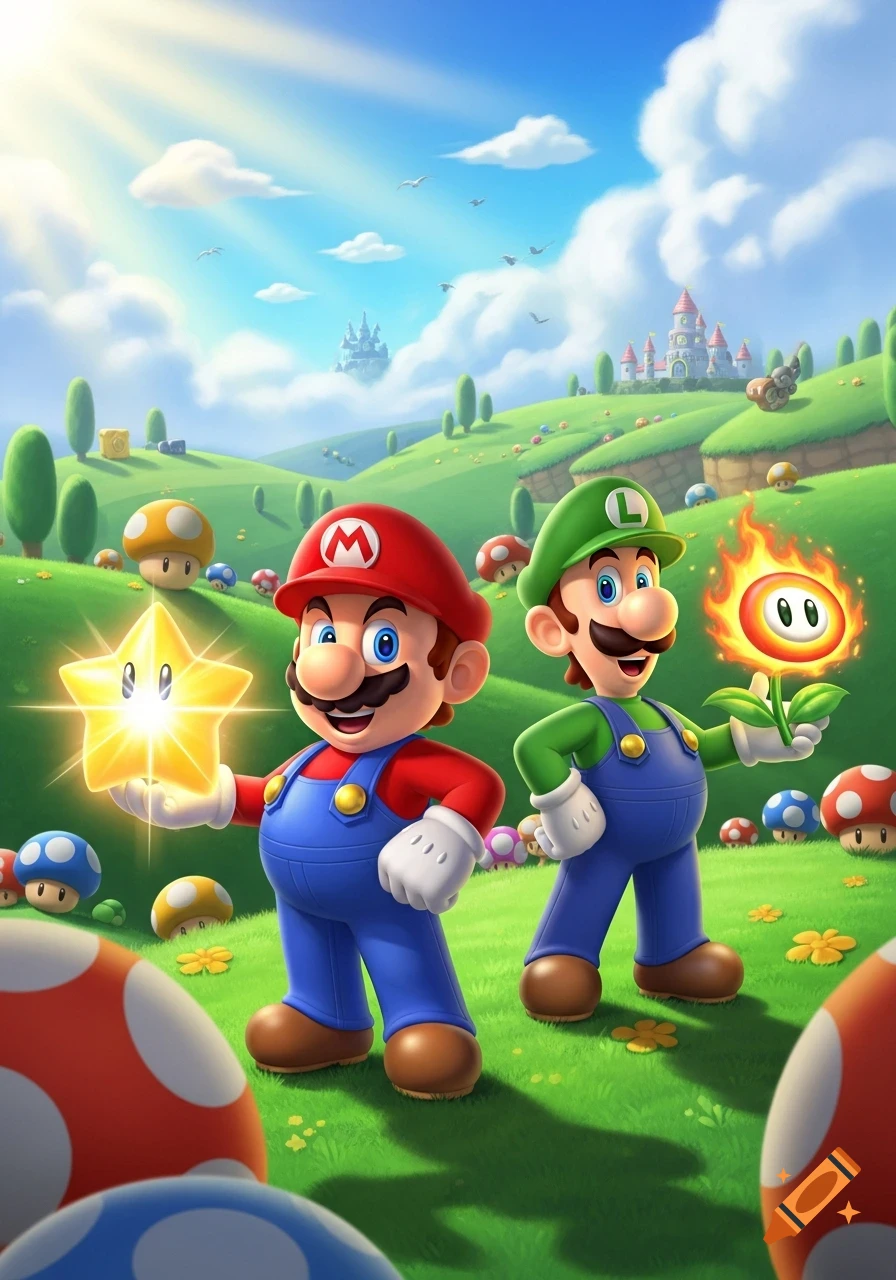 Mario and Luigi stand in a vibrant, cartoonish fantasy landscape. Mario holds a glowing star, and Luigi holds a fire flower, with castles and mushrooms in the background.
