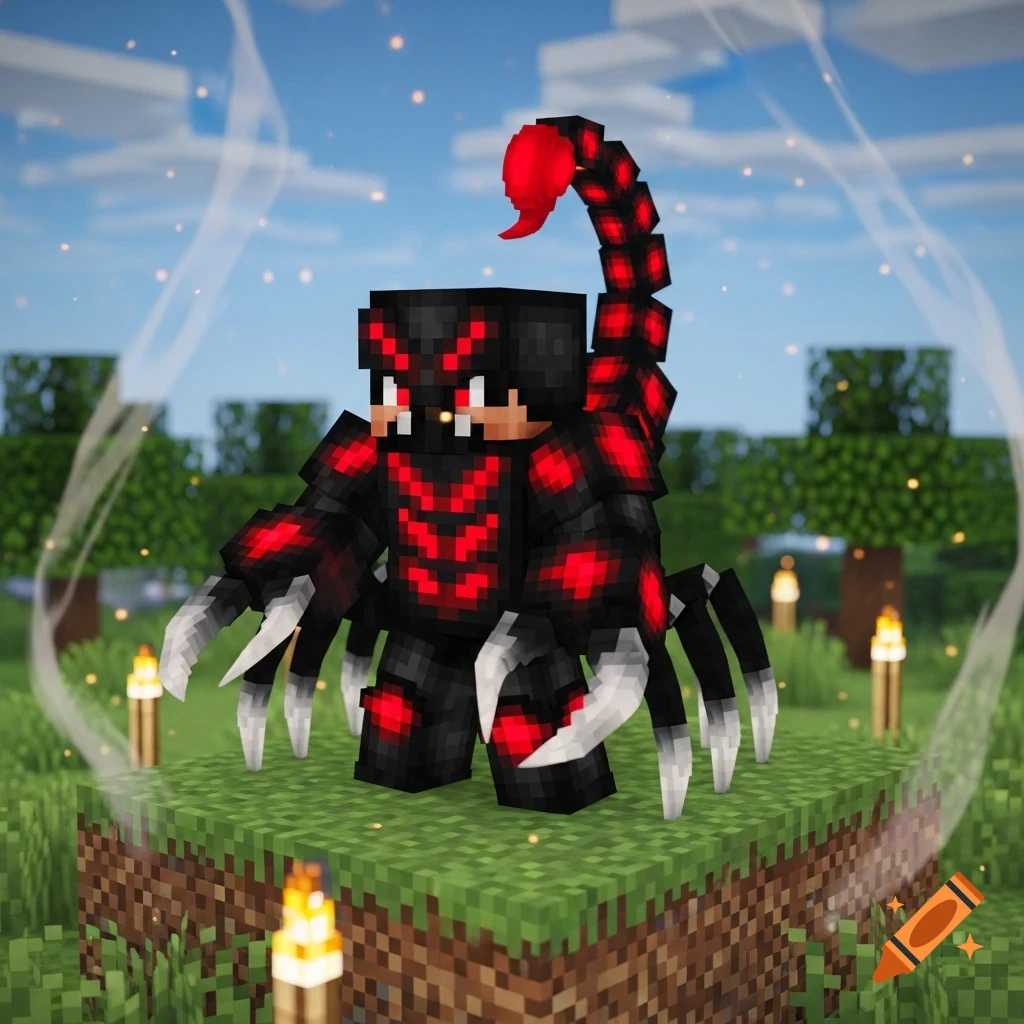 A Minecraft player character with a black and red scorpion-themed skin, standing on a grassy block with torches.