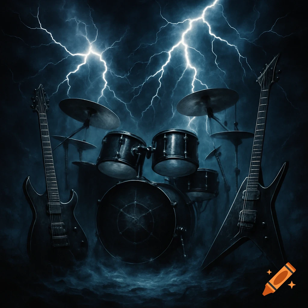 A dark, moody image of a drum set and two electric guitars under a stormy sky with lightning.