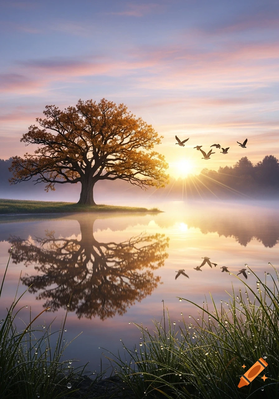 A tranquil sunrise over a misty lake, with a large tree on the bank reflecting in the water and birds flying in the pastel sky.